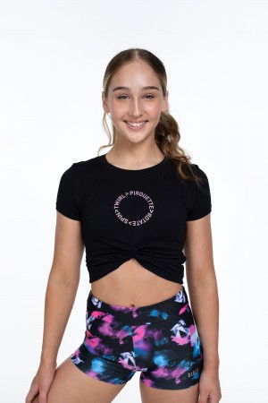 Black Kids' Bloch Flo Active Mock Tie Crop Tee Tops | AUSDF55175