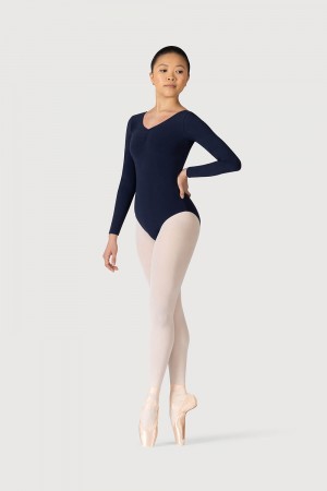 Navy Women's Bloch Parla Gathered Long Sleeve Leotards | USJBT99823