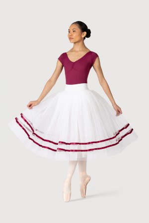 White/Burgundy Women's Bloch Giselle Ribbon Romantic ½ Tutu Skirts | USEGJ87151