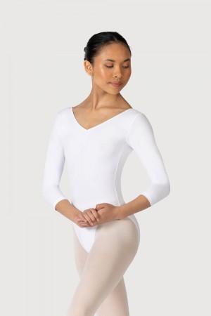 White Women's Bloch Page Gathered ¾ Sleeve Leotards | USXMI19041