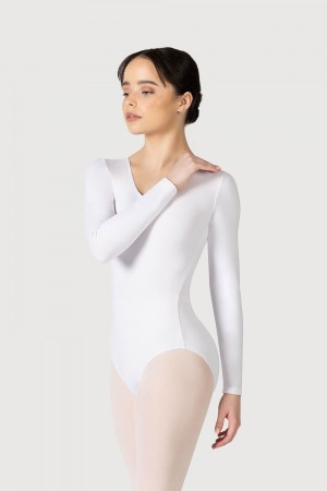 White Women's Bloch Parla Gathered Long Sleeve Leotards | PUSER75920