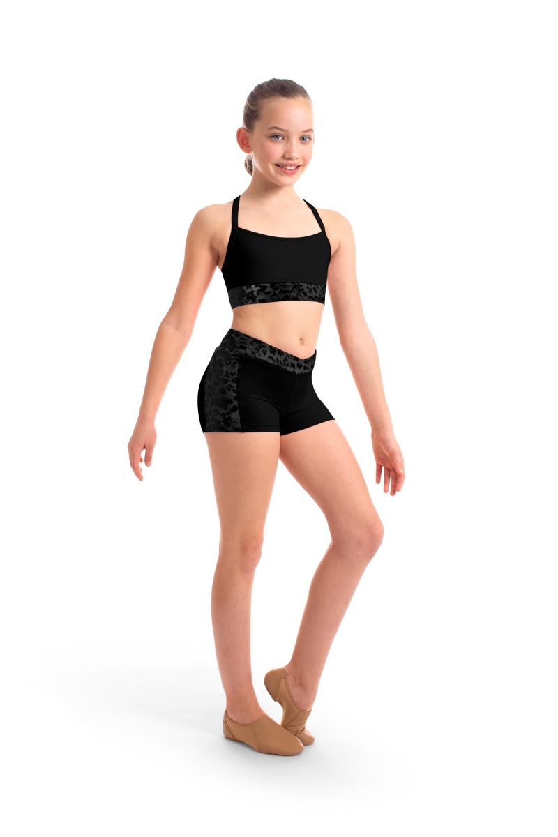 Black Kids' Bloch Abiana Animal Printed Mesh Racer Back Crop Tops | DUSVO95254