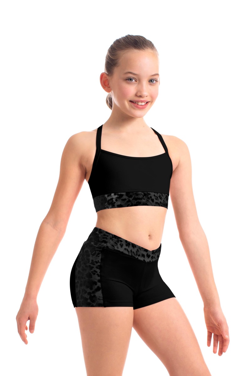 Black Kids\' Bloch Abiana Animal Printed Mesh Racer Back Crop Tops | DUSVO95254