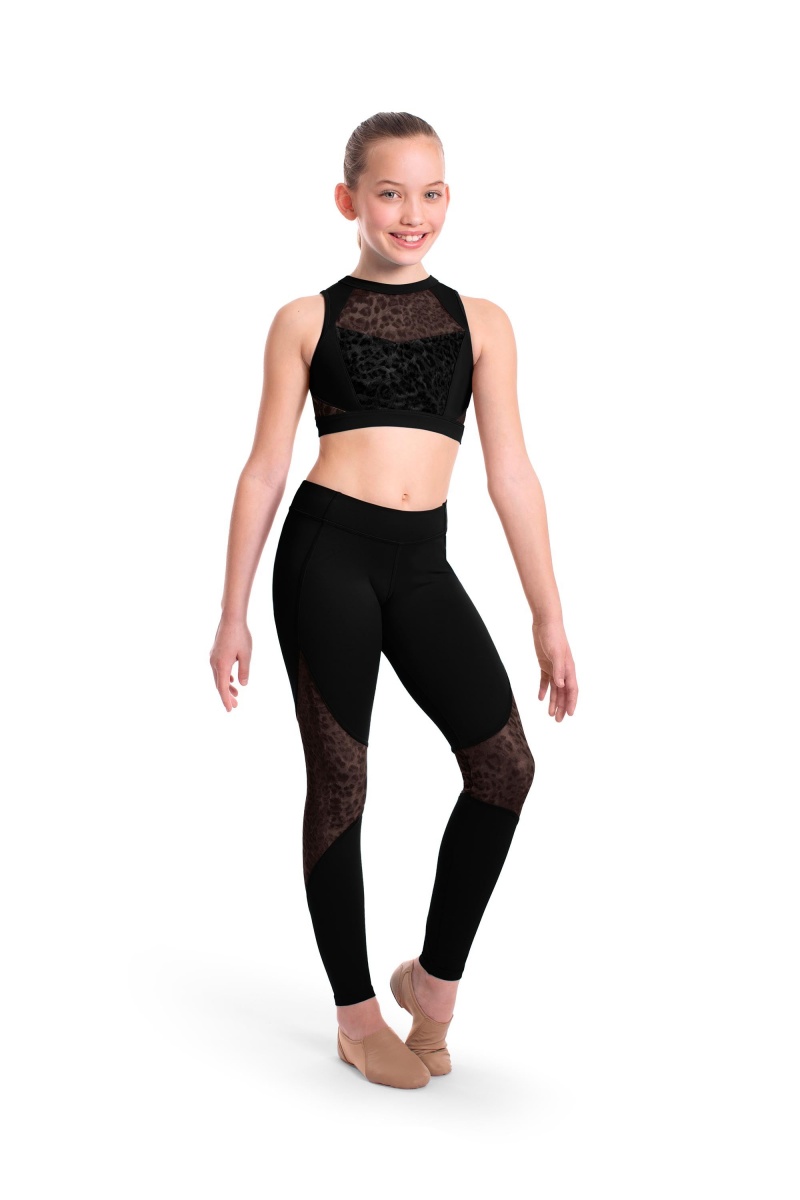 Black Kids' Bloch Asher Animal Printed Mesh Panelled Full Length Tight Bottoms | FUSUI25546