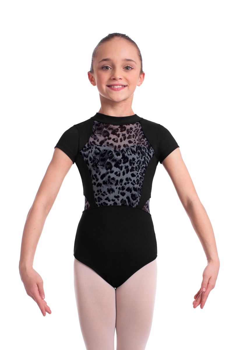 Black Kids\' Bloch Coralee Animal Printed Mesh Cap Sleeve Leotards | USJKU72316