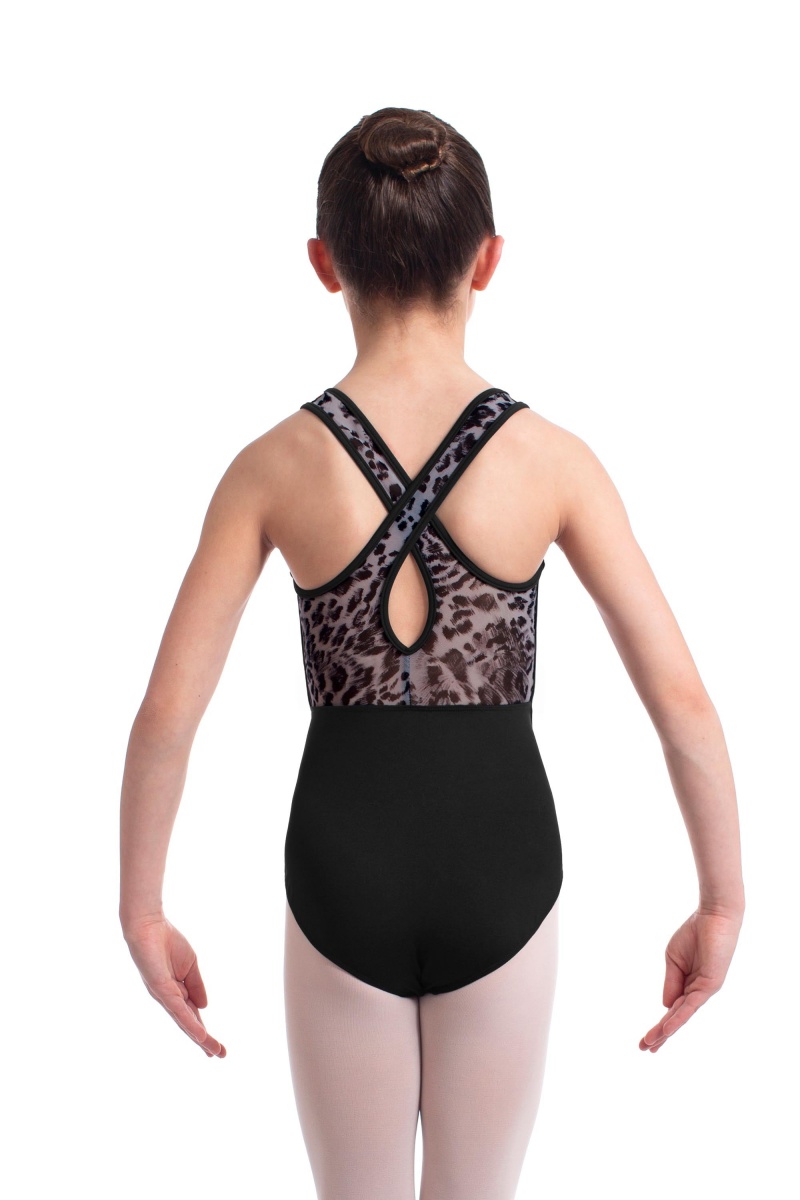 Black Kids' Bloch Elina Animal Printed Mesh Cross Back Leotards | PUSER24426