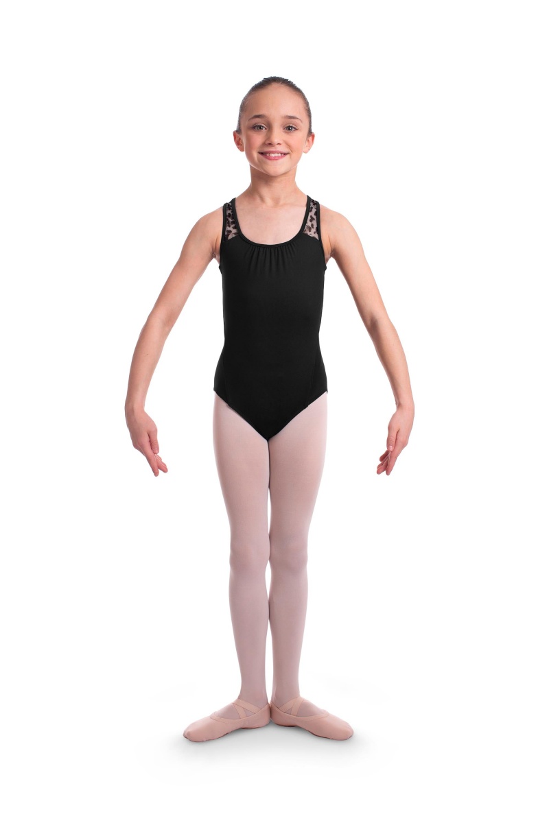 Black Kids' Bloch Elina Animal Printed Mesh Cross Back Leotards | PUSER24426