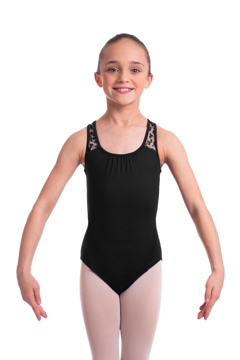 Black Kids\' Bloch Elina Animal Printed Mesh Cross Back Leotards | PUSER24426