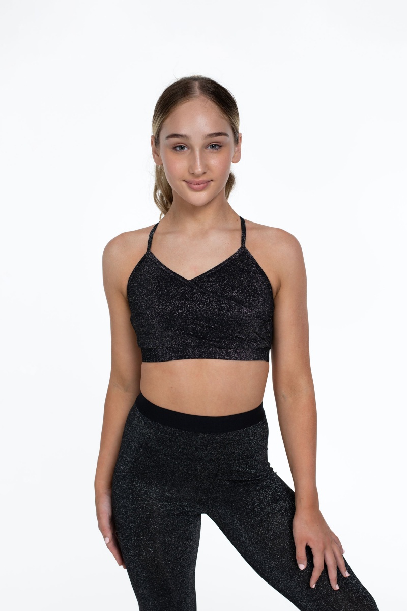 Black Kids' Bloch Flo Active Hayley Front Lurex Crop Tops | USEAH34555