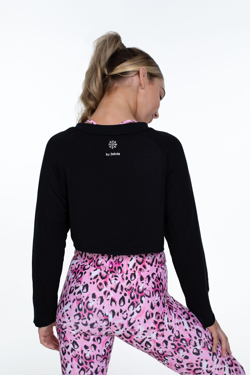 Black Kids' Bloch Flo Active Ocean Long Sleeve Raglan Crop Tops | USIIZ34713