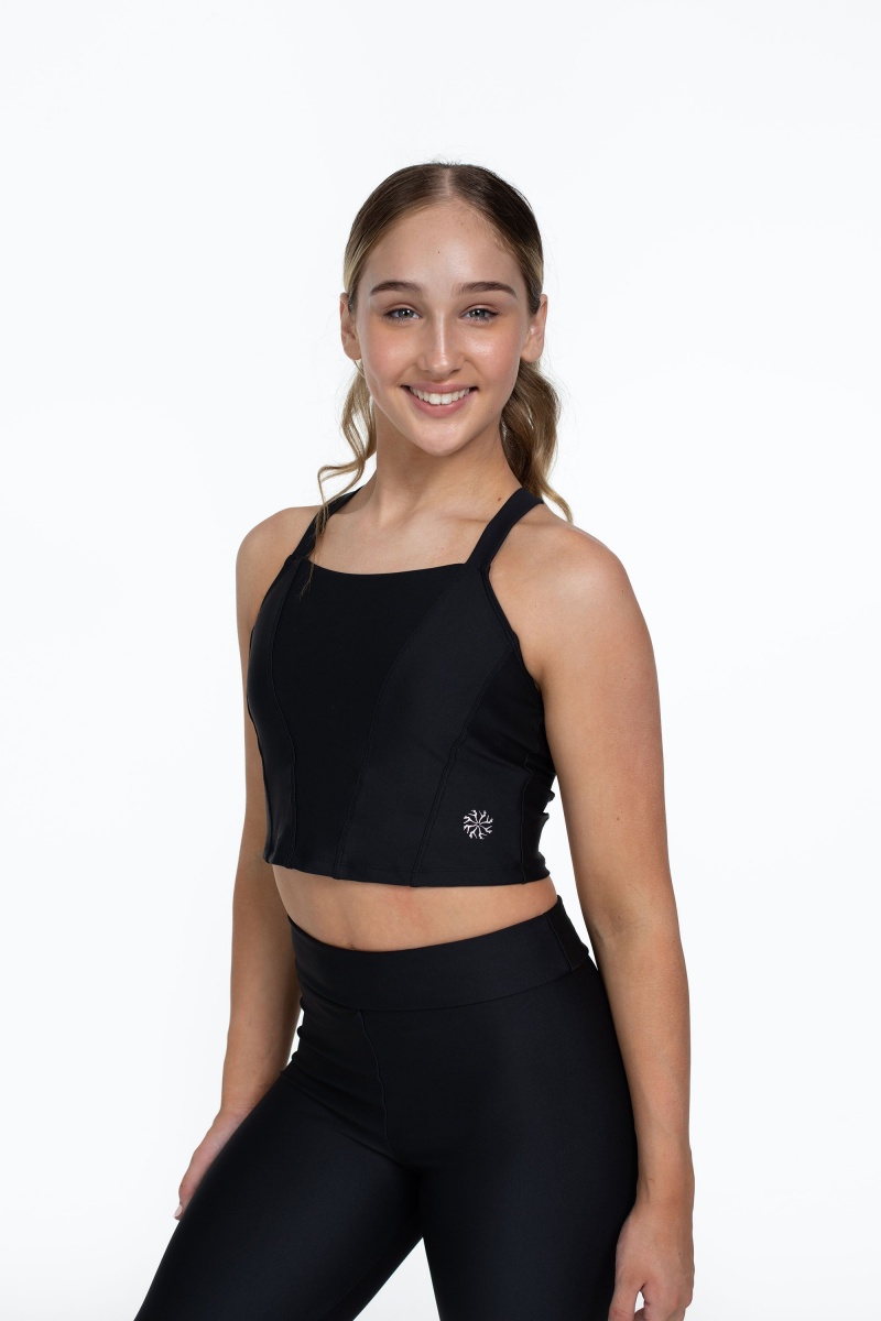 Black Kids' Bloch Flo Active Shelby Seamed Cross Back Tops | EUSVG94336