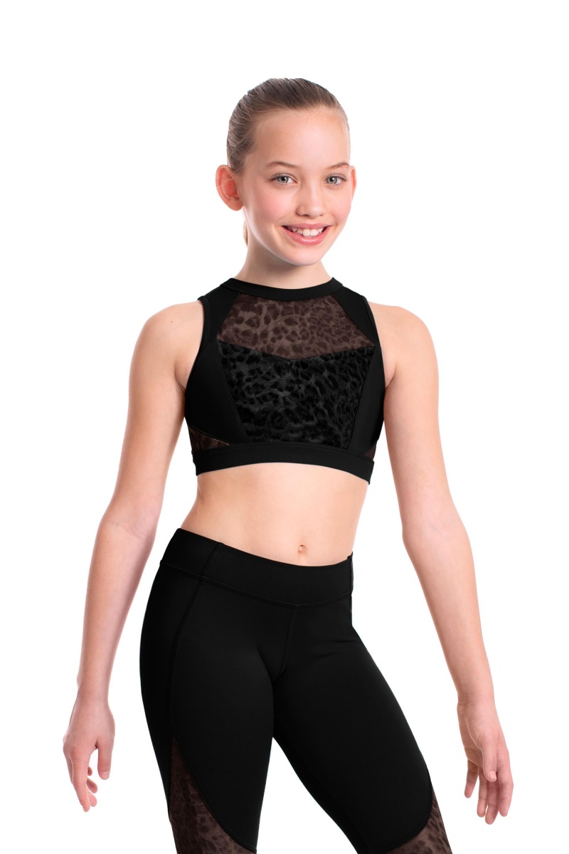 Black Kids' Bloch Sheenah Animal Printed Mesh Crop Tops | LUSSX49473