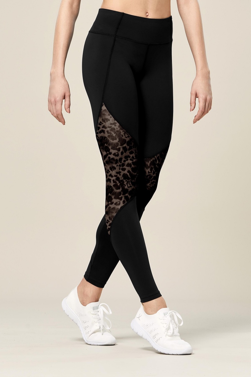 Black Women's Bloch Ezra Animal Printed Mesh Panelled Full Length Tight Bottoms | BUSSD21165