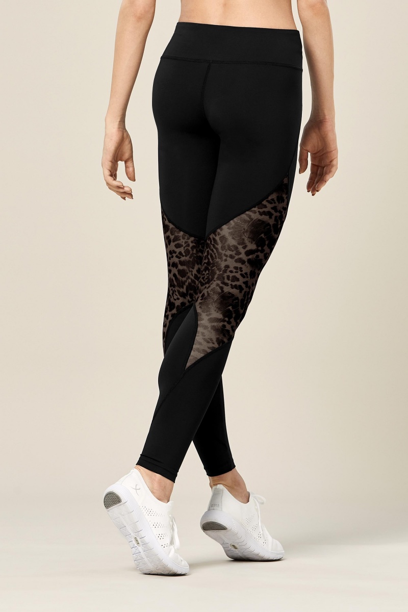 Black Women's Bloch Ezra Animal Printed Mesh Panelled Full Length Tight Bottoms | BUSSD21165