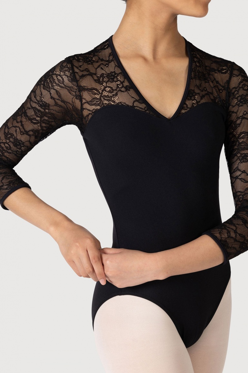 Black Women's Bloch Kate 3/4 Sleeve Lace Leotards | PUSER84567