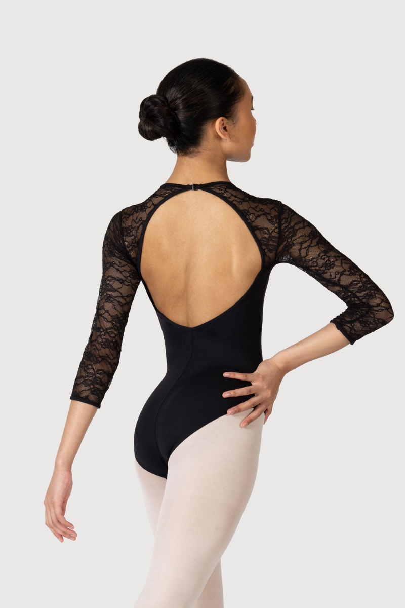 Black Women\'s Bloch Kate 3/4 Sleeve Lace Leotards | PUSER84567