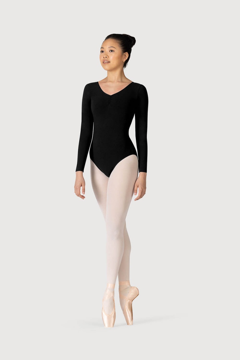 Black Women's Bloch Parla Gathered Long Sleeve Leotards | TUSWZ96188