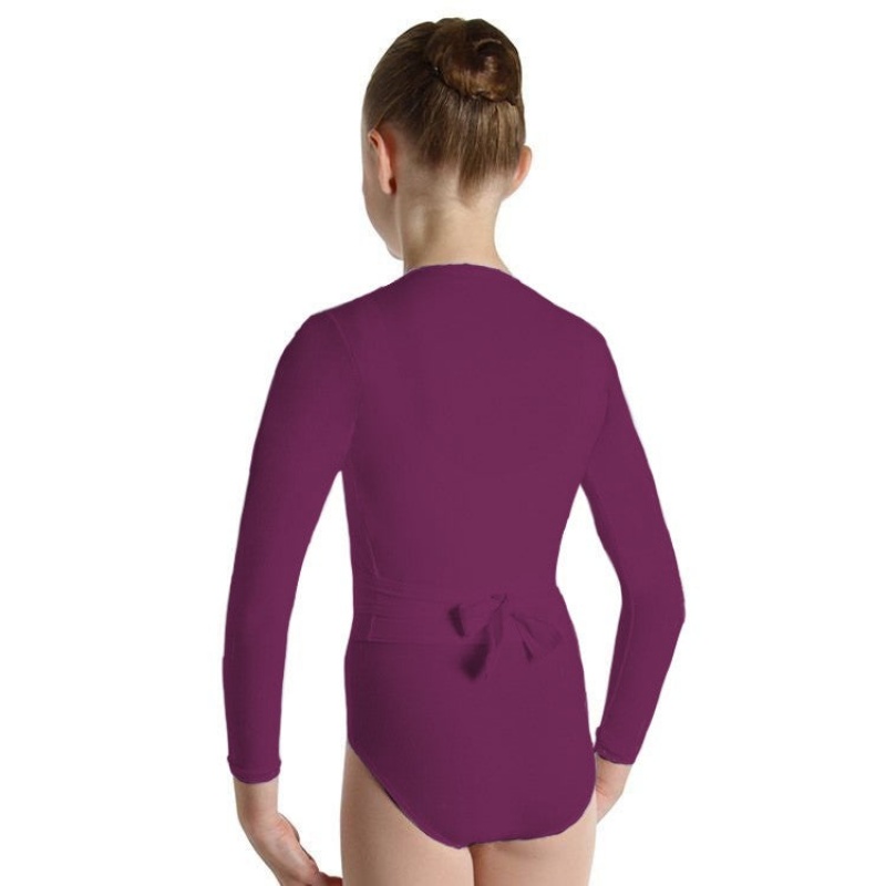 Burgundy Kids' Bloch Overture Crossover Long Sleeve Wrap Tops | USJVR35928