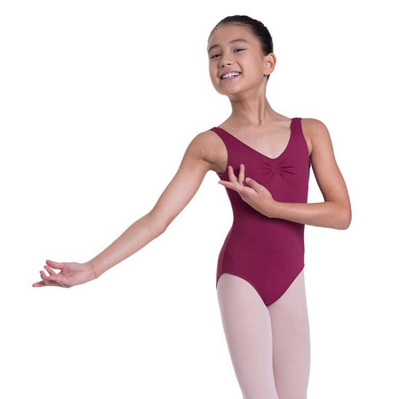 Burgundy Kids\' Bloch Overture Odetta Sleeveless Pleat Leotards | EUSVG13129