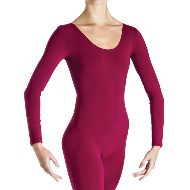 Burgundy Women's Bloch Eugene Long Sleeve Scoop Unitards | YUSGT85354