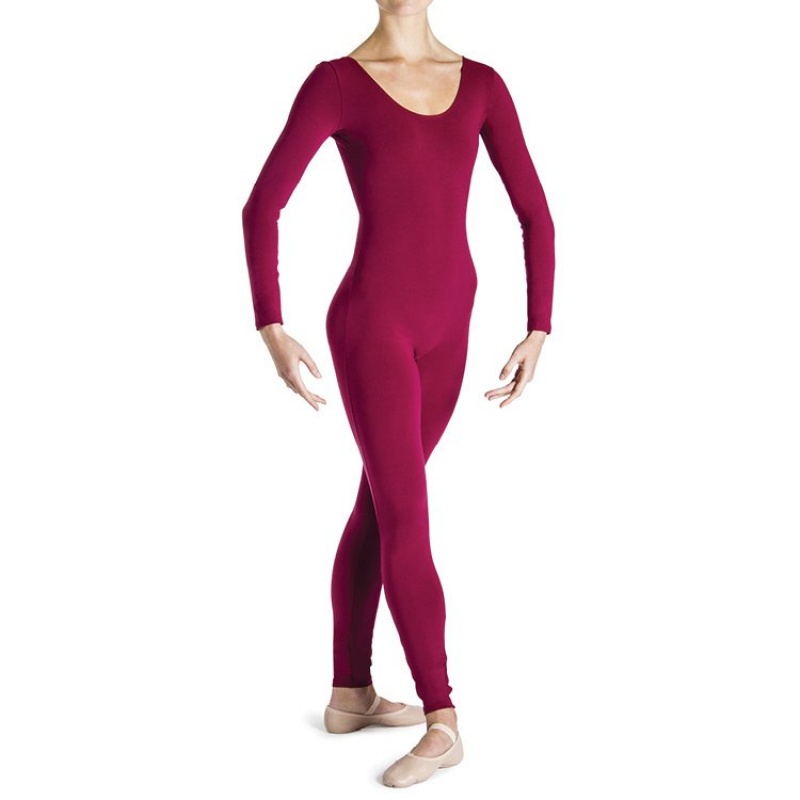 Burgundy Women\'s Bloch Eugene Long Sleeve Scoop Unitards | YUSGT85354