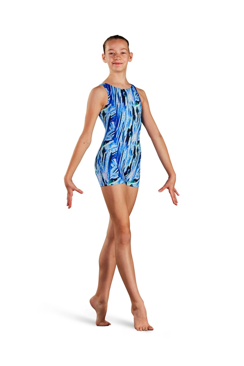 Electric Blues Kids' Bloch Electric Blues Printed Unitards | YUSVQ28394