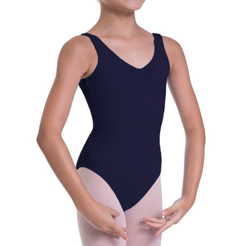 Navy Kids' Bloch Overture Odetta Sleeveless Pleat Leotards | YUSVQ56821