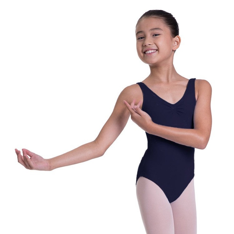 Navy Kids\' Bloch Overture Odetta Sleeveless Pleat Leotards | YUSVQ56821