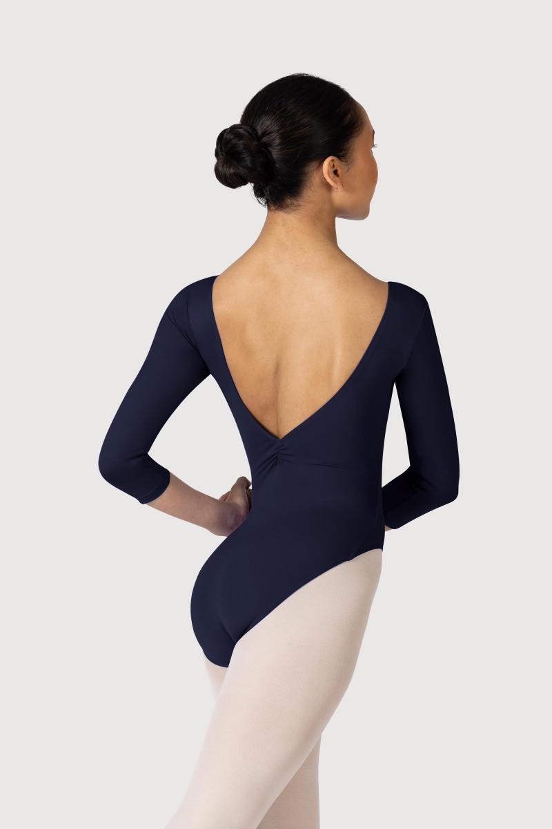 Navy Women's Bloch Microlux™ Nona Gathered Front & Back Sleeve Leotards | USNEJ53655