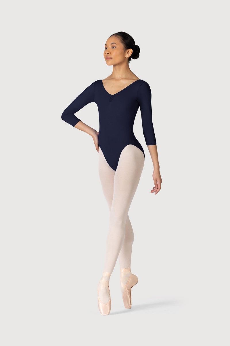 Navy Women's Bloch Microlux™ Nona Gathered Front & Back Sleeve Leotards | USNEJ53655