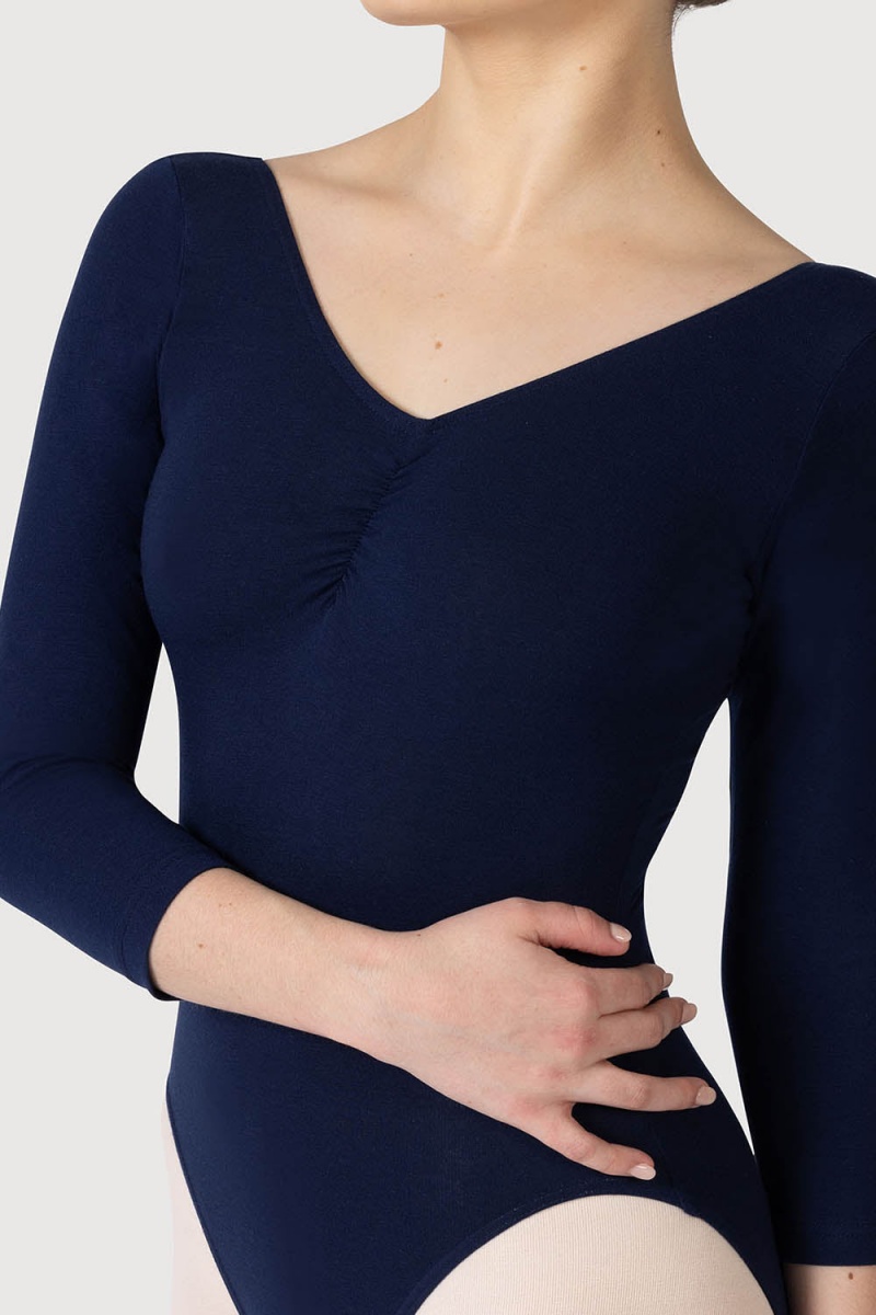 Navy Women's Bloch Page Gathered ¾ Sleeve Leotards | USEGJ73101