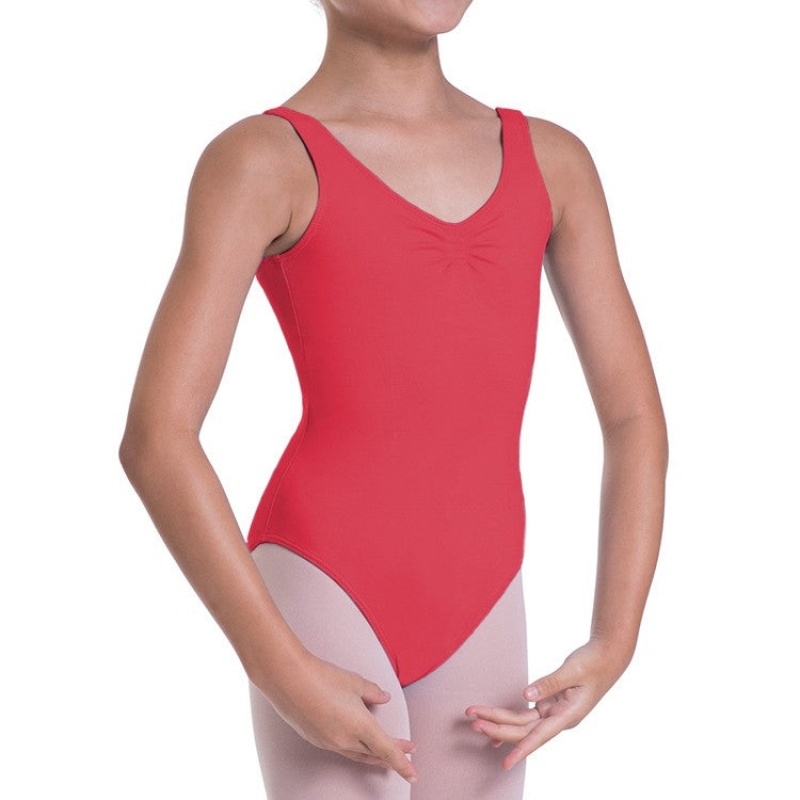 Red Kids' Bloch Overture Odetta Sleeveless Pleat Leotards | FUSUI94198