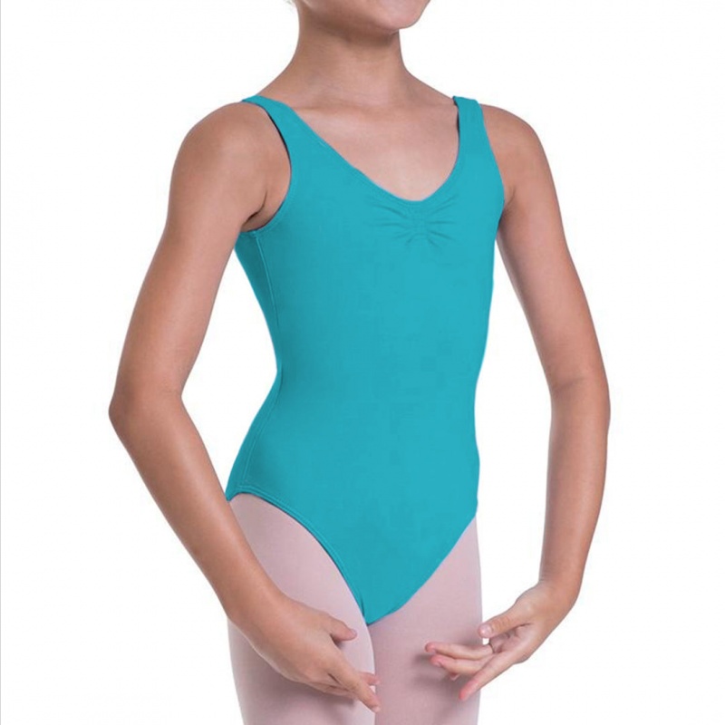 Teal Kids' Bloch Overture Odetta Sleeveless Pleat Leotards | XUSGW27114