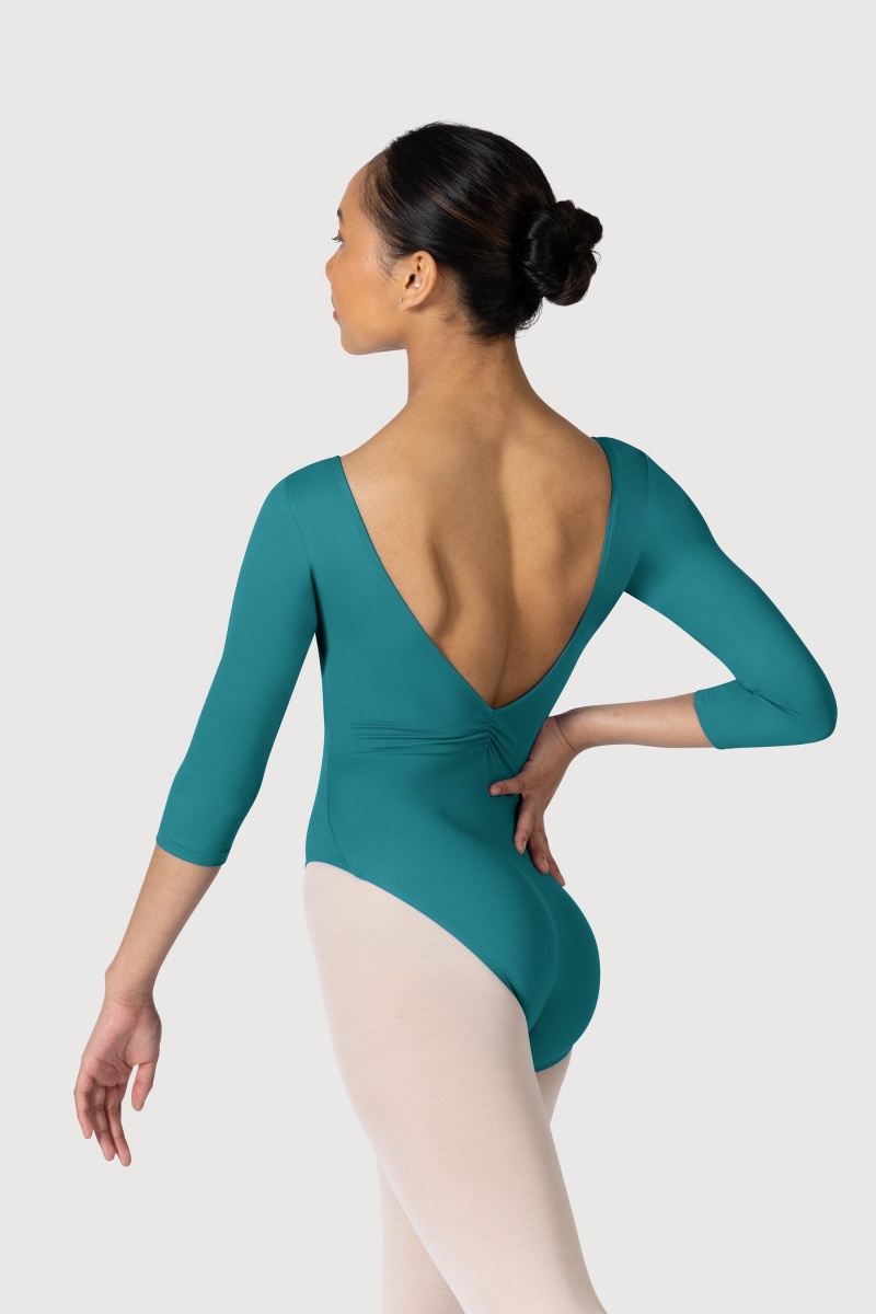 Teal Women's Bloch Microlux™ Nona Gathered Front & Back Sleeve Leotards | USZPD22290