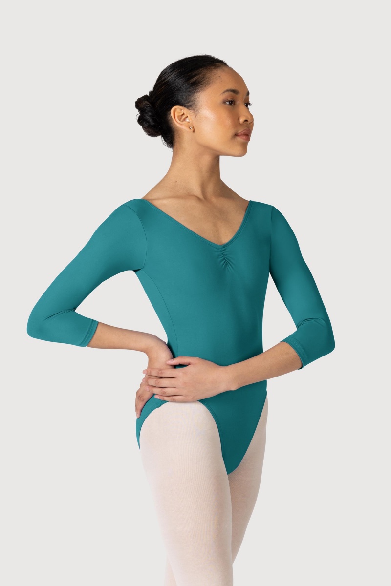 Teal Women\'s Bloch Microlux™ Nona Gathered Front & Back Sleeve Leotards | USZPD22290