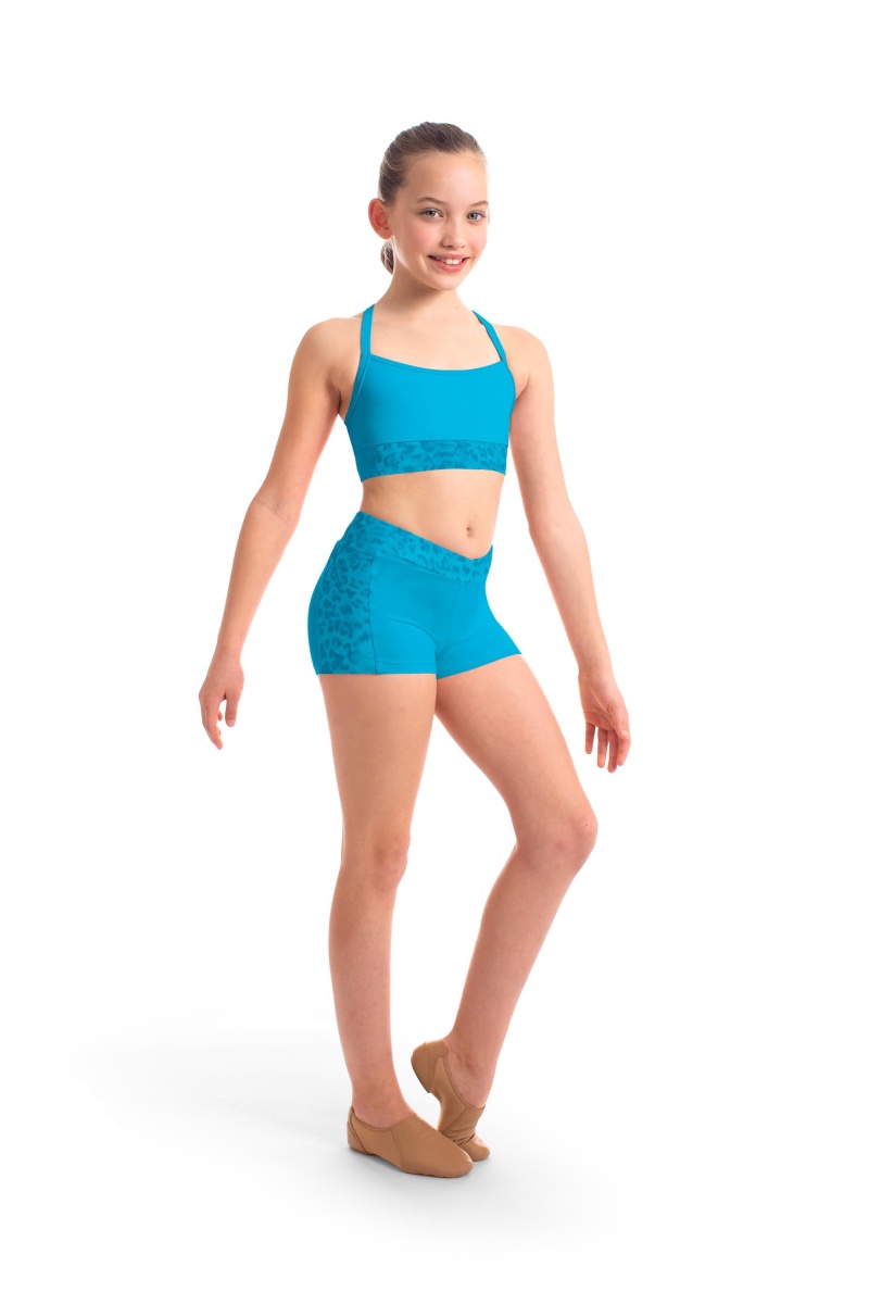 Turquoise Kids' Bloch Abiana Animal Printed Mesh Racer Back Crop Tops | USIIZ63650