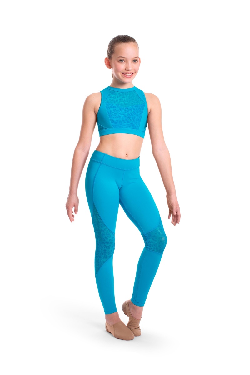 Turquoise Kids' Bloch Asher Animal Printed Mesh Panelled Full Length Tight Bottoms | USJVR66157