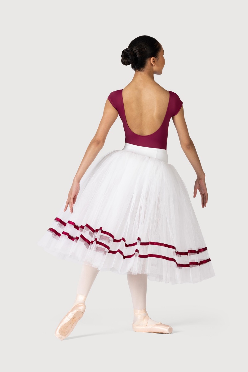 White/Burgundy Women's Bloch Giselle Ribbon Romantic ½ Tutu Skirts | USEGJ87151