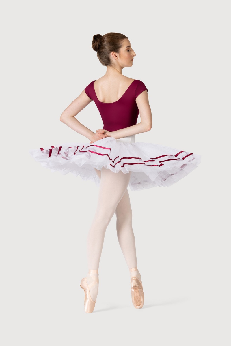 White/Burgundy Women's Bloch Nadia Ribbon ½ Tutu Skirts | USNZX28132