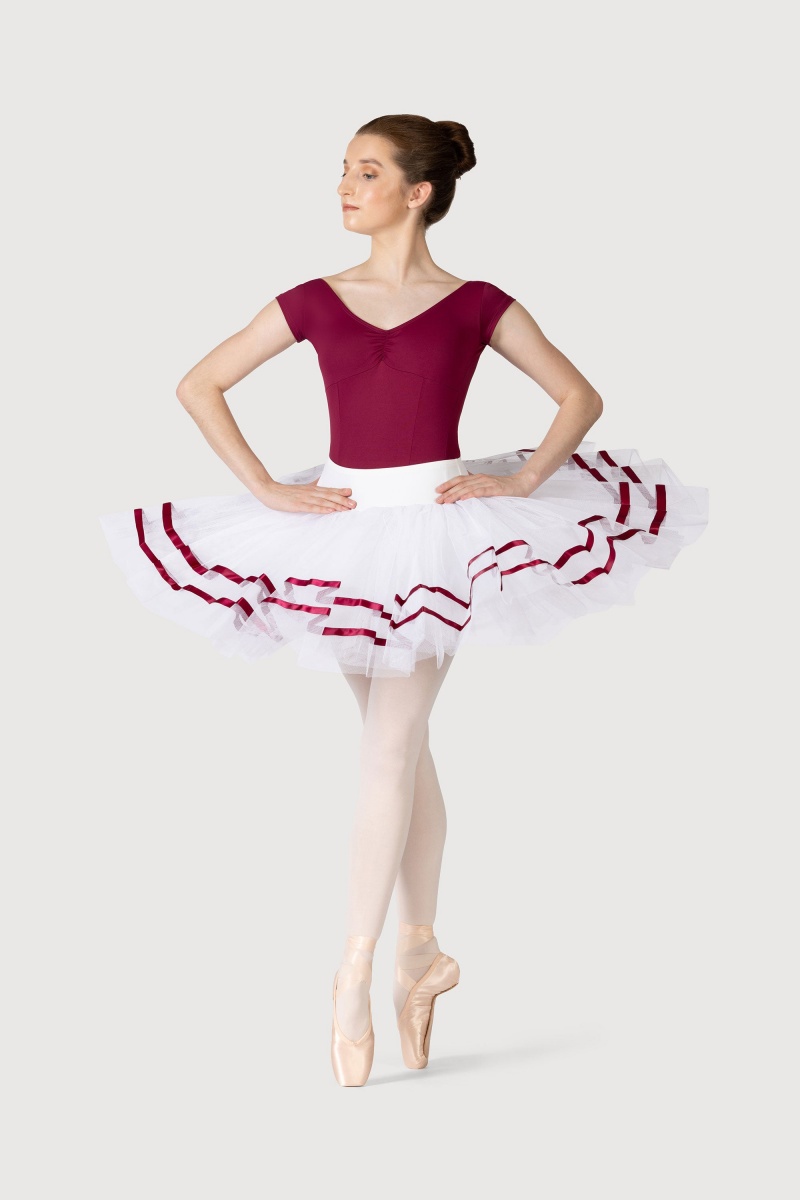 White/Burgundy Women\'s Bloch Nadia Ribbon ½ Tutu Skirts | USNZX28132