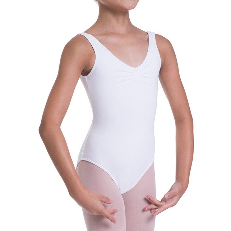 White Kids' Bloch Overture Odetta Sleeveless Pleat Leotards | EUSHC78054