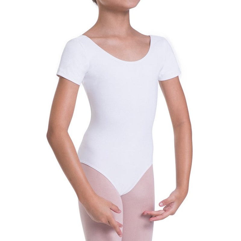 White Kids' Bloch Overture Olisia Short Sleeve Leotards | USEGJ71399