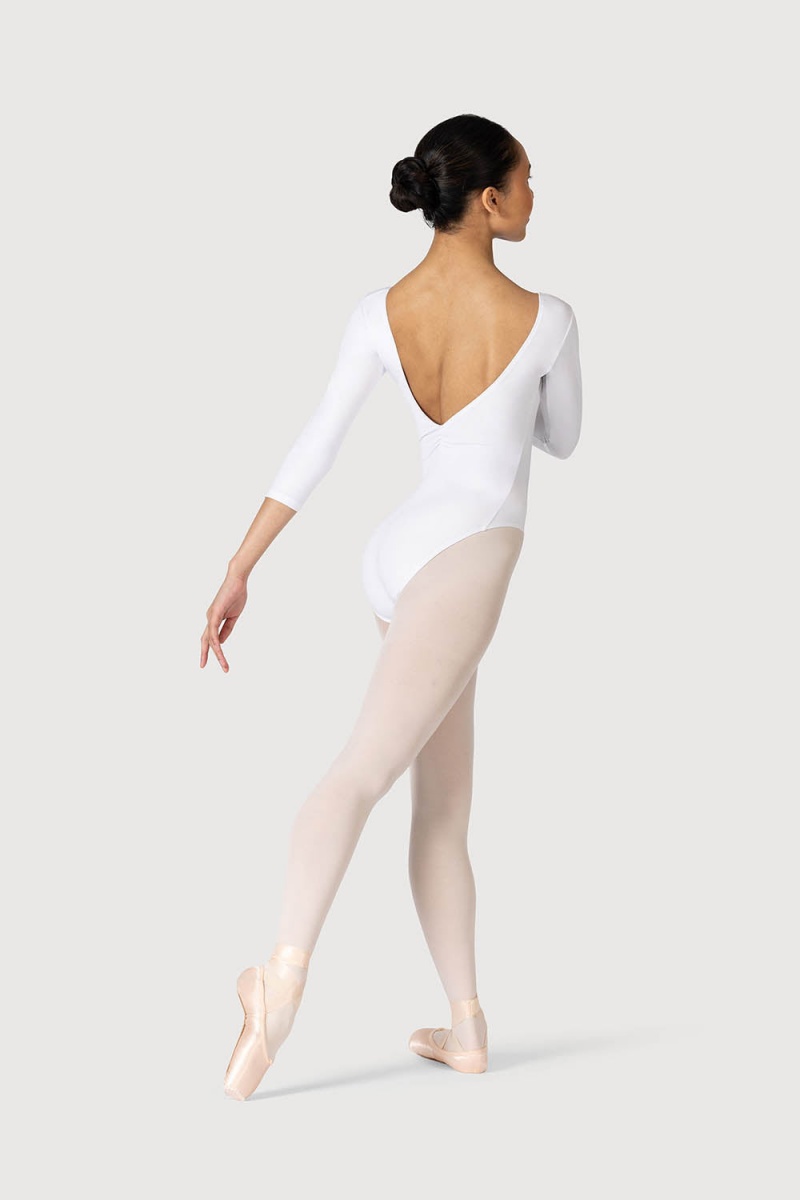 White Women's Bloch Page Gathered ¾ Sleeve Leotards | USXMI19041