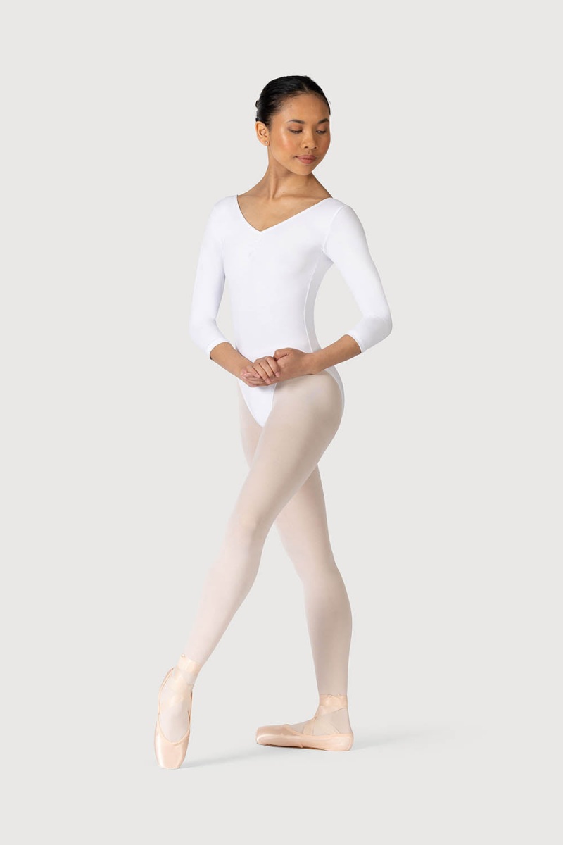 White Women's Bloch Page Gathered ¾ Sleeve Leotards | USXMI19041