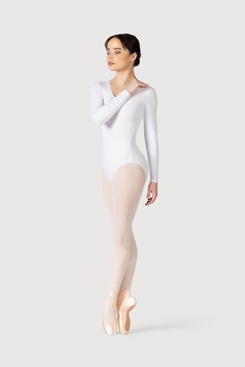 White Women's Bloch Parla Gathered Long Sleeve Leotards | PUSER75920