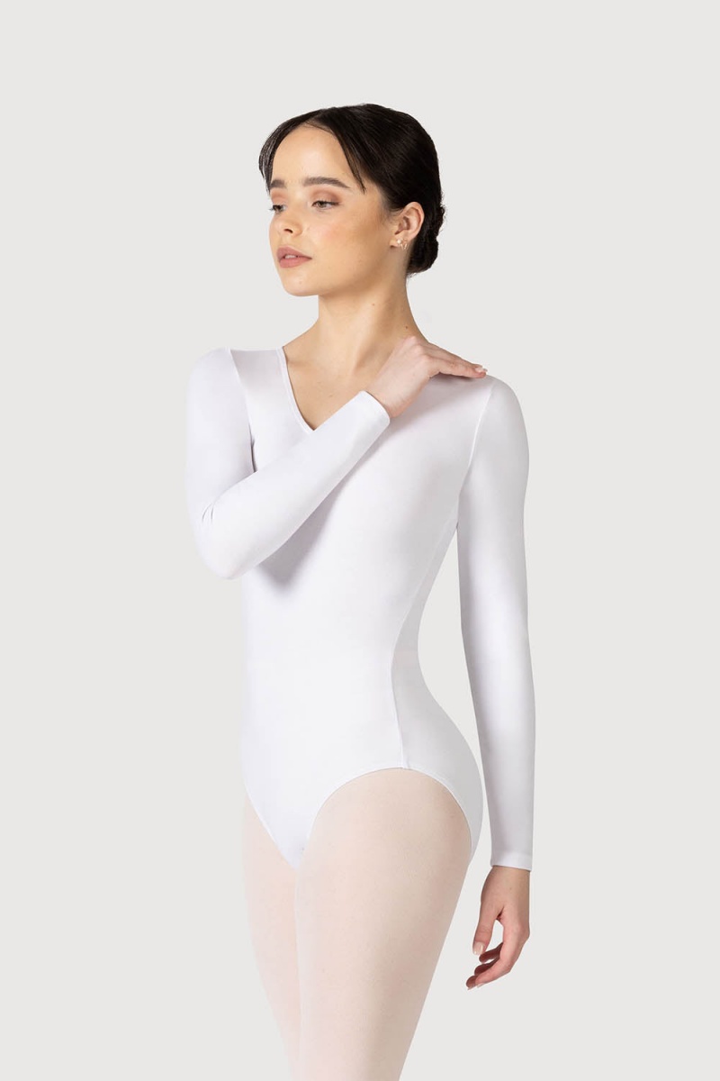 White Women\'s Bloch Parla Gathered Long Sleeve Leotards | PUSER75920